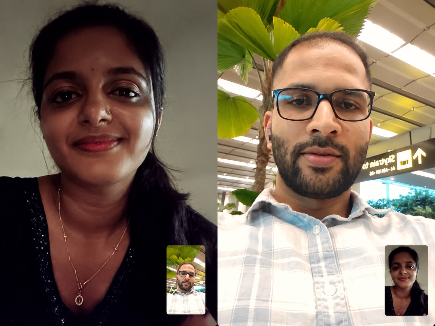 Josmy and Akhil smiling on a video call